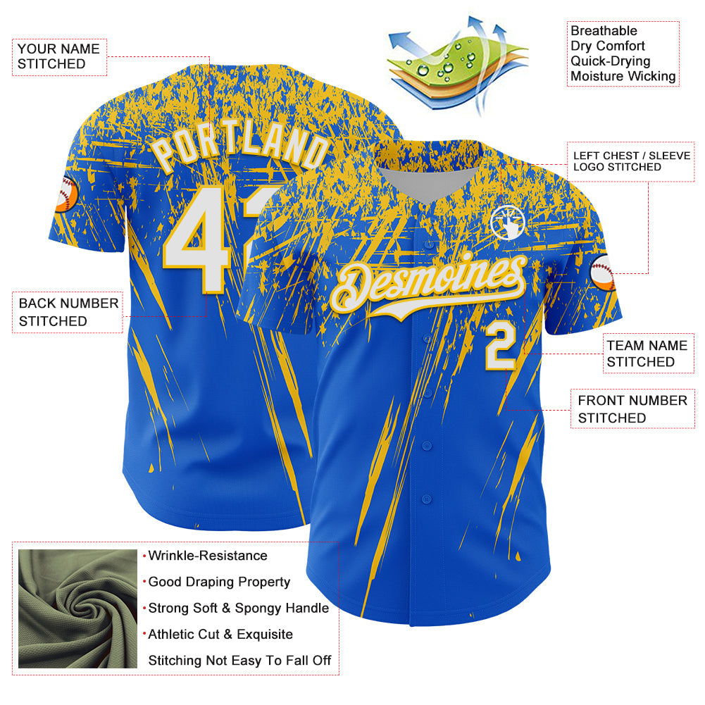 Custom Thunder Blue White-Yellow Distressed Scratch Brush Stroke Authentic Baseball Jersey view 3