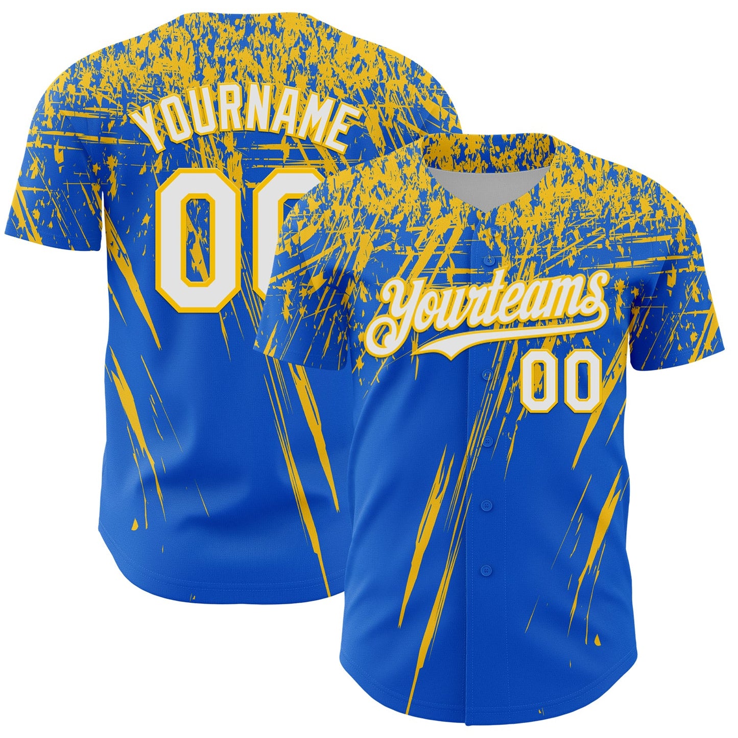 Custom Thunder Blue White-Yellow Distressed Scratch Brush Stroke Authentic Baseball Jersey - Main View
