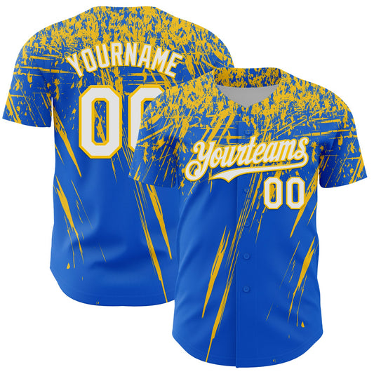 Custom Thunder Blue White-Yellow Distressed Scratch Brush Stroke Authentic Baseball Jersey - Main View