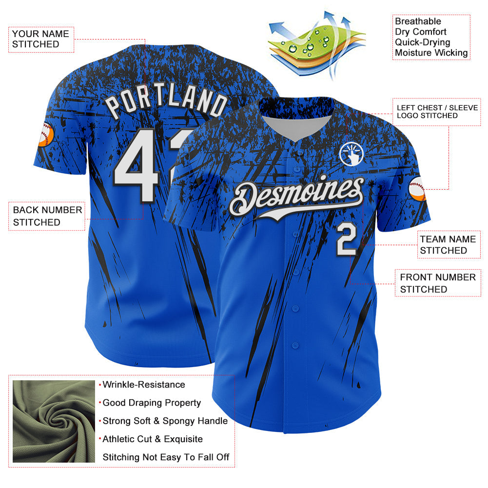 Custom Thunder Blue White-Black Distressed Scratch Brush Stroke Authentic Baseball Jersey view 3