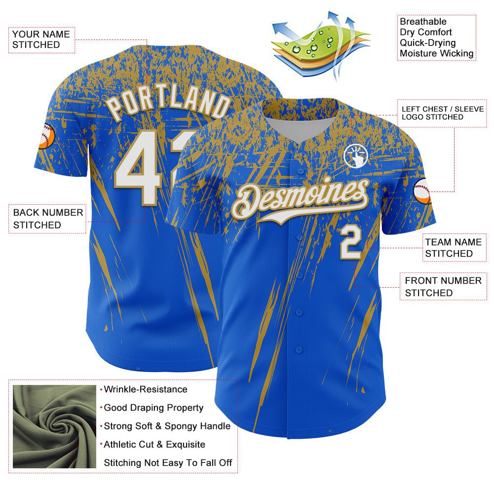 Custom Thunder Blue White-Old Gold Distressed Scratch Brush Stroke Authentic Baseball Jersey view 3