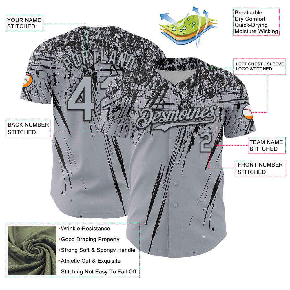Custom Gray Black Distressed Scratch Brush Stroke Authentic Baseball Jersey view 3