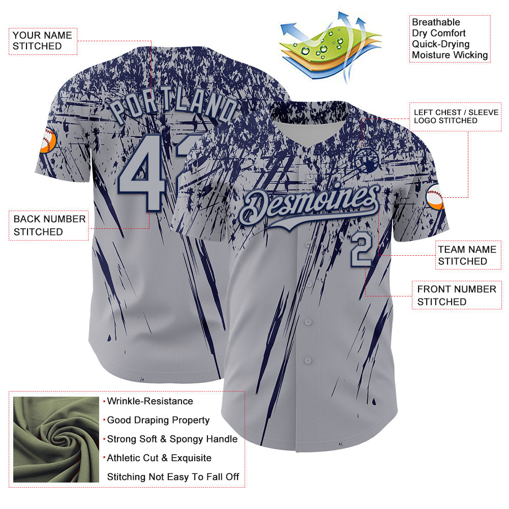 Custom Gray Navy Distressed Scratch Brush Stroke Authentic Baseball Jersey view 3