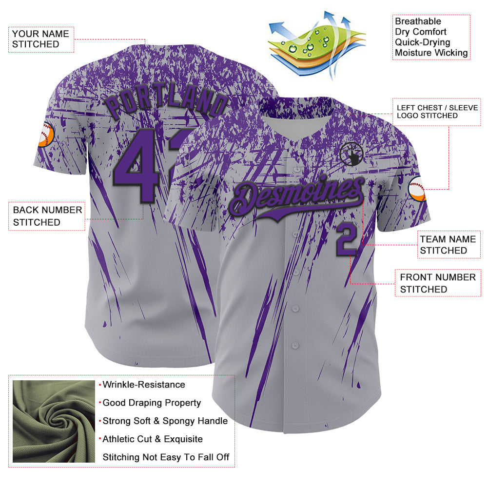 Custom Gray Purple-Black Distressed Scratch Brush Stroke Authentic Baseball Jersey view 3