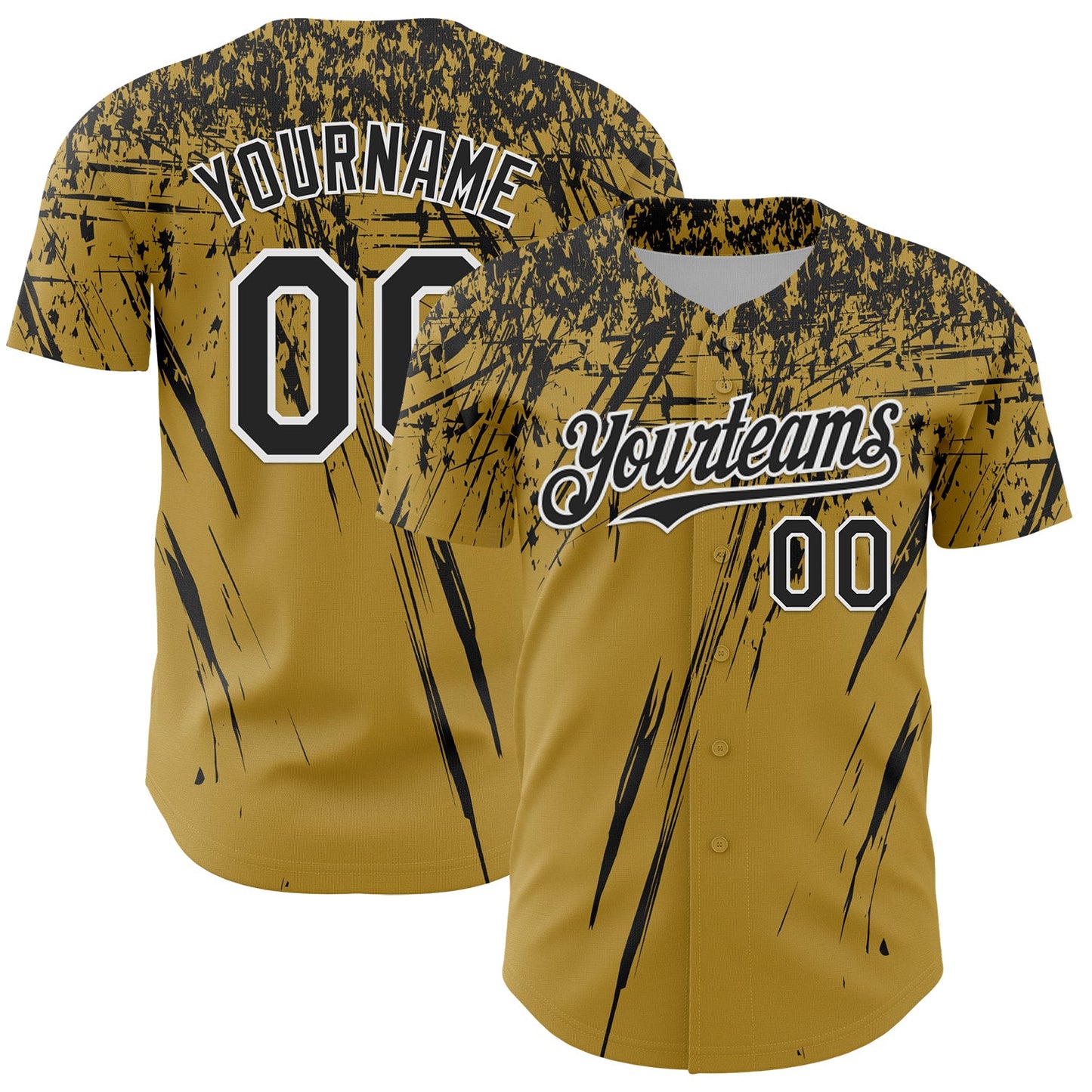Custom Old Gold Black-White Distressed Scratch Brush Stroke Authentic Baseball Jersey - Main View