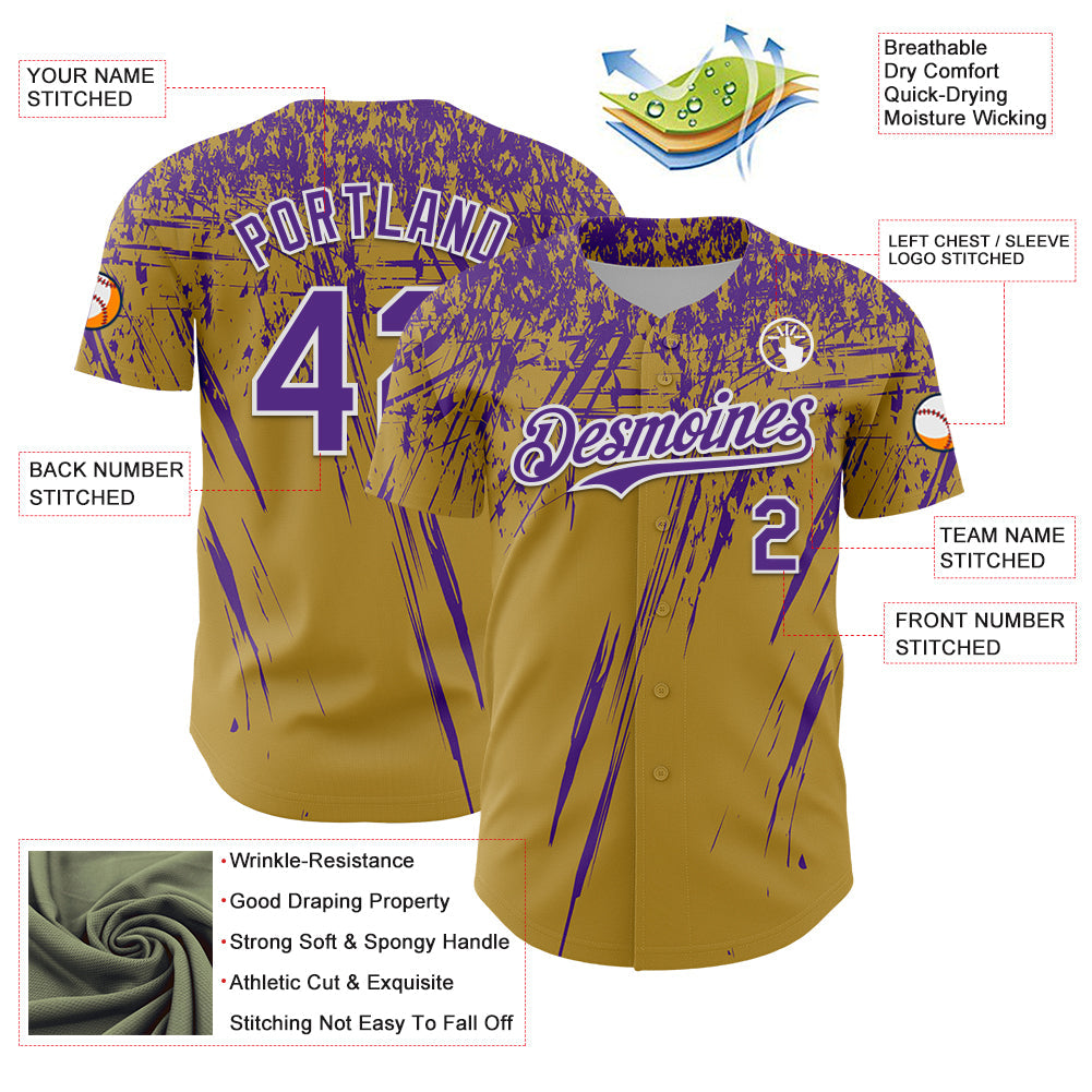 Custom Old Gold Purple-White Distressed Scratch Brush Stroke Authentic Baseball Jersey view 3