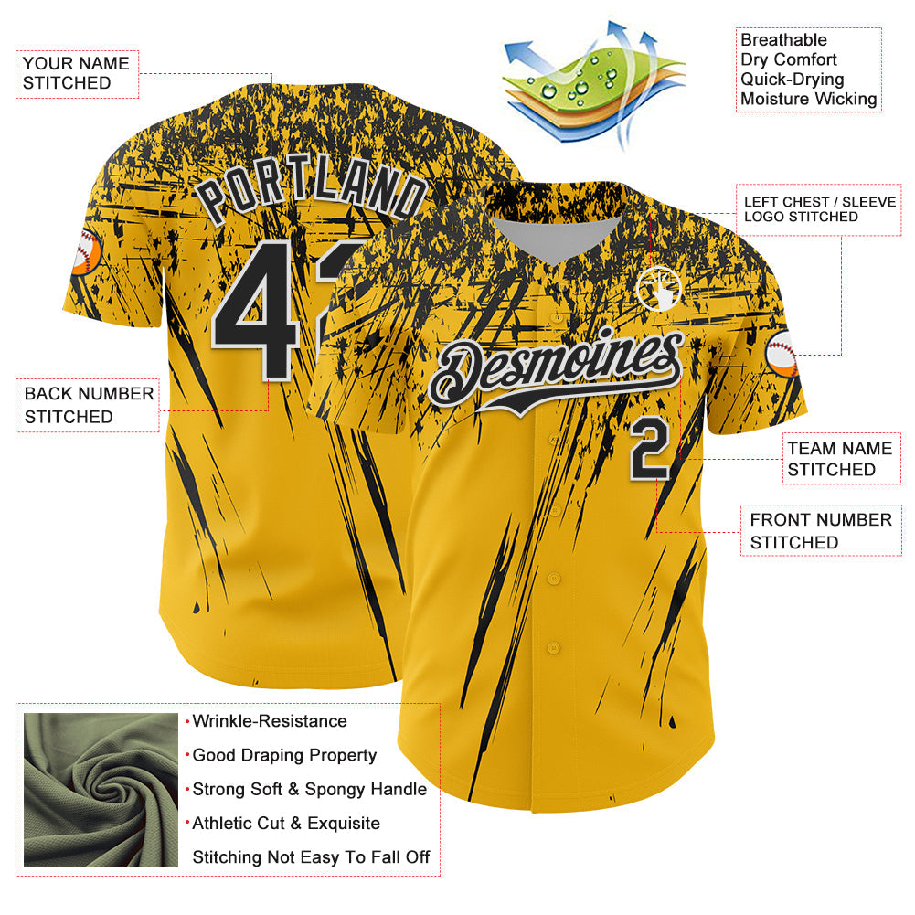 Custom Gold Black-White Distressed Scratch Brush Stroke Authentic Baseball Jersey view 3
