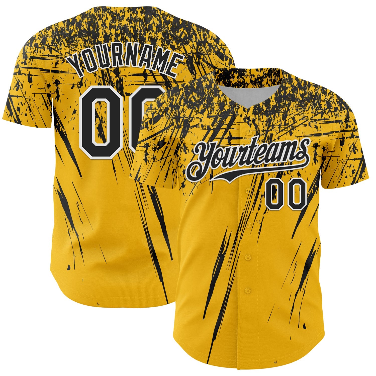 Custom Gold Black-White Distressed Scratch Brush Stroke Authentic Baseball Jersey - Main View