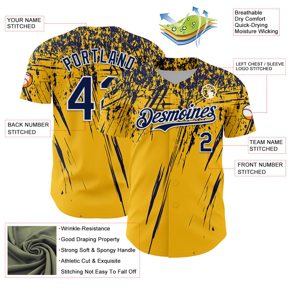 Custom Gold Navy-White Distressed Scratch Brush Stroke Authentic Baseball Jersey view 3