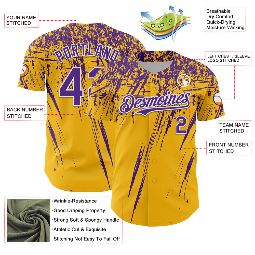 Custom Gold Purple-White Distressed Scratch Brush Stroke Authentic Baseball Jersey view 3