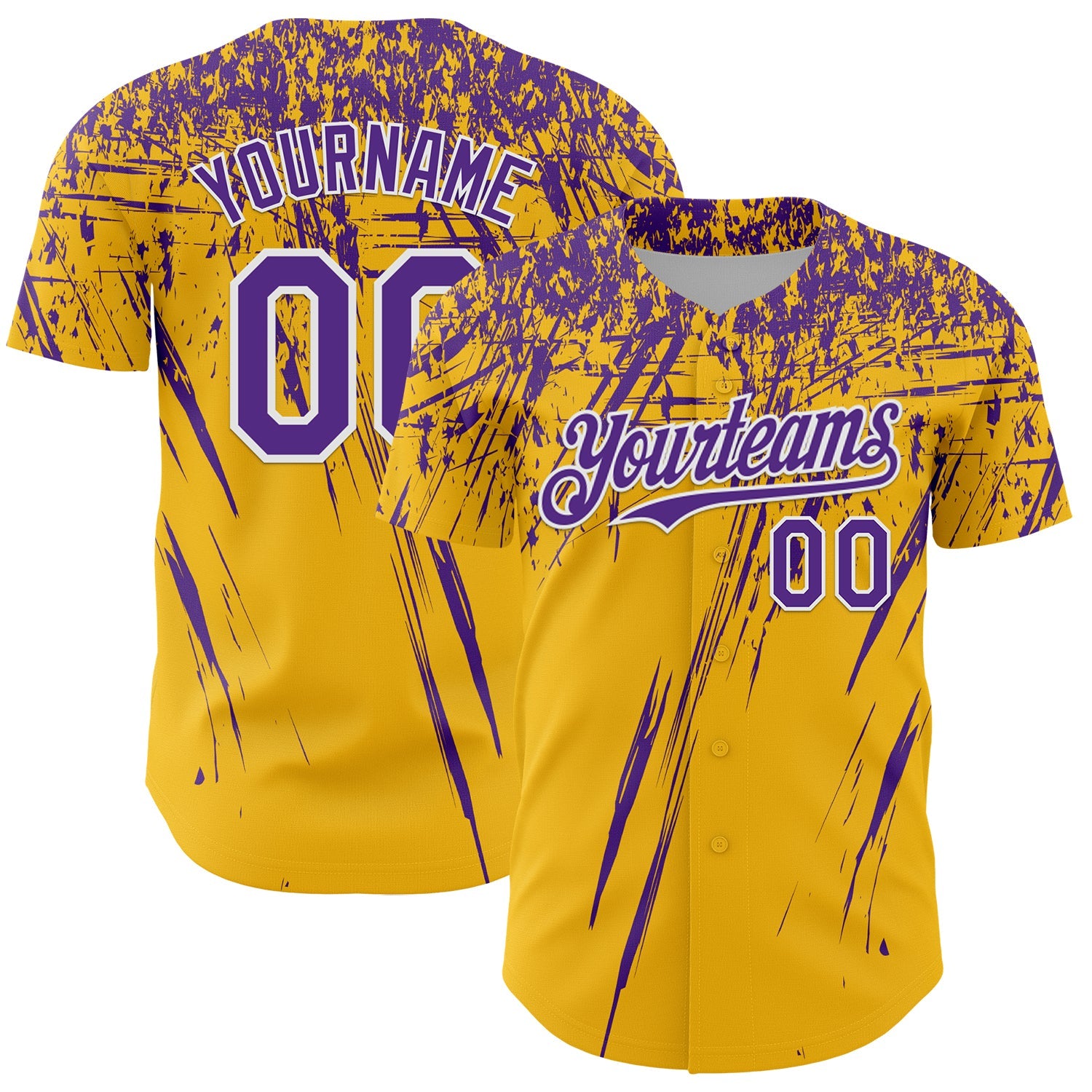 Custom Gold Purple-White Distressed Scratch Brush Stroke Authentic Baseball Jersey - Main View