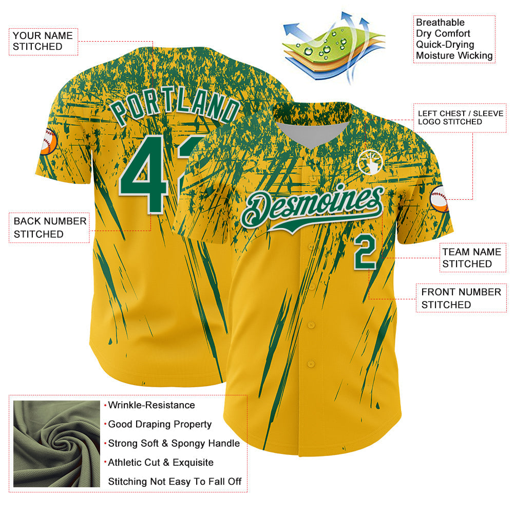 Custom Gold Kelly Green-White Distressed Scratch Brush Stroke Authentic Baseball Jersey view 3