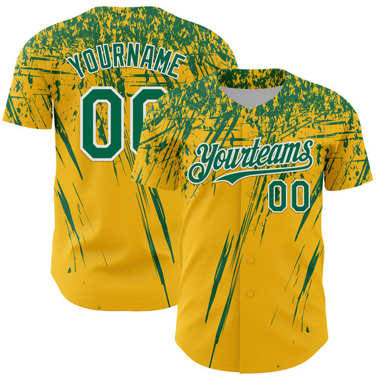 Custom Gold Kelly Green-White Distressed Scratch Brush Stroke Authentic Baseball Jersey - Main View