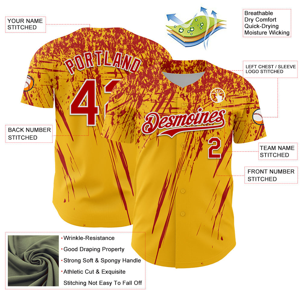 Custom Gold Red-White Distressed Scratch Brush Stroke Authentic Baseball Jersey view 3
