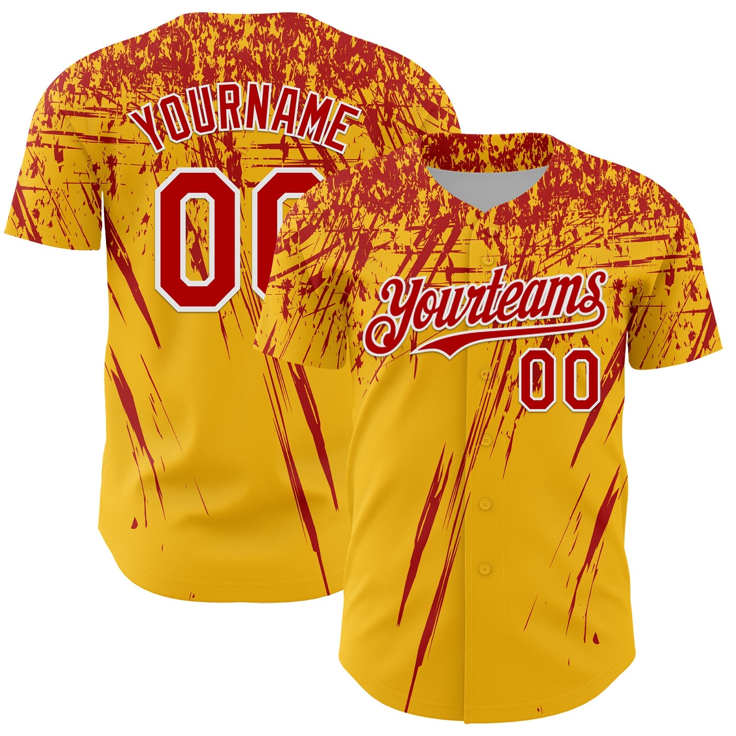 Custom Gold Red-White Distressed Scratch Brush Stroke Authentic Baseball Jersey - Main View
