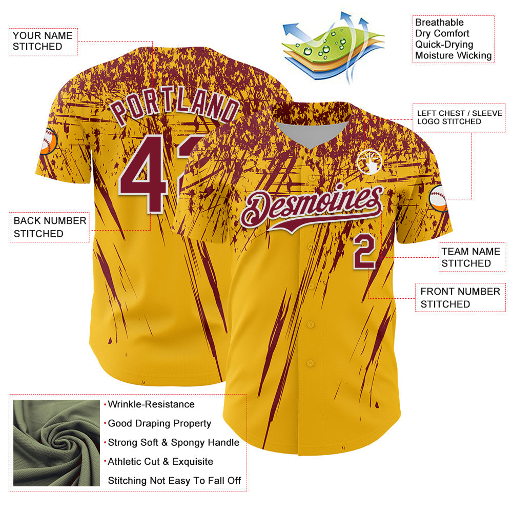 Custom Gold Crimson-White Distressed Scratch Brush Stroke Authentic Baseball Jersey view 3