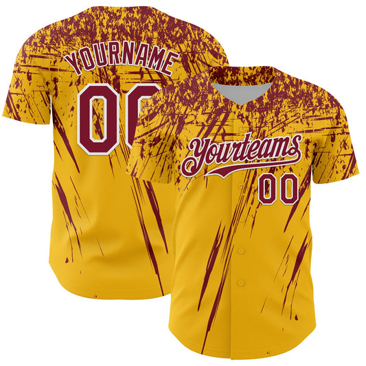 Custom Gold Crimson-White Distressed Scratch Brush Stroke Authentic Baseball Jersey - Main View