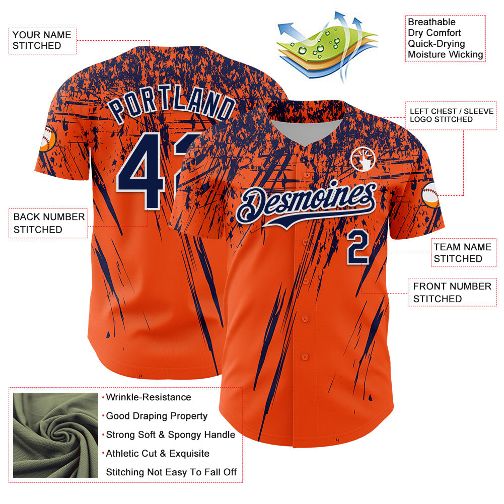 Custom Orange Navy-White Distressed Scratch Brush Stroke Authentic Baseball Jersey view 3