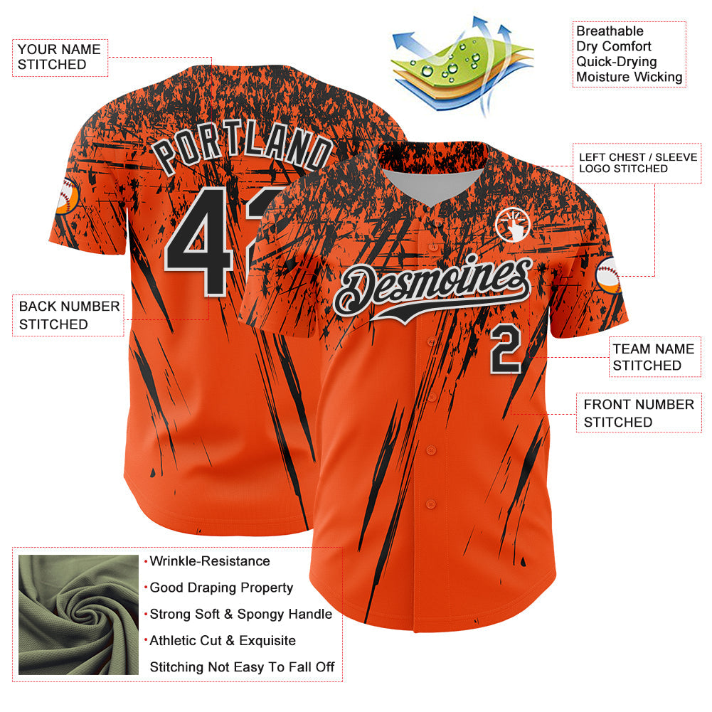 Custom Orange Black-White Distressed Scratch Brush Stroke Authentic Baseball Jersey view 3