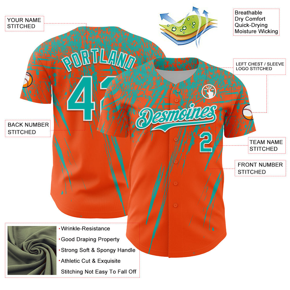 Custom Orange Aqua-White Distressed Scratch Brush Stroke Authentic Baseball Jersey view 3