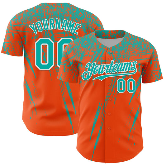 Custom Orange Aqua-White Distressed Scratch Brush Stroke Authentic Baseball Jersey - Main View