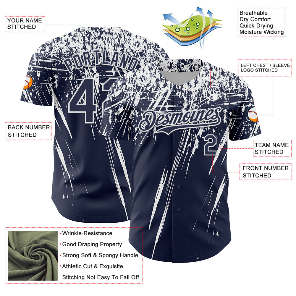 Custom Navy White Distressed Scratch Brush Stroke Authentic Baseball Jersey view 3