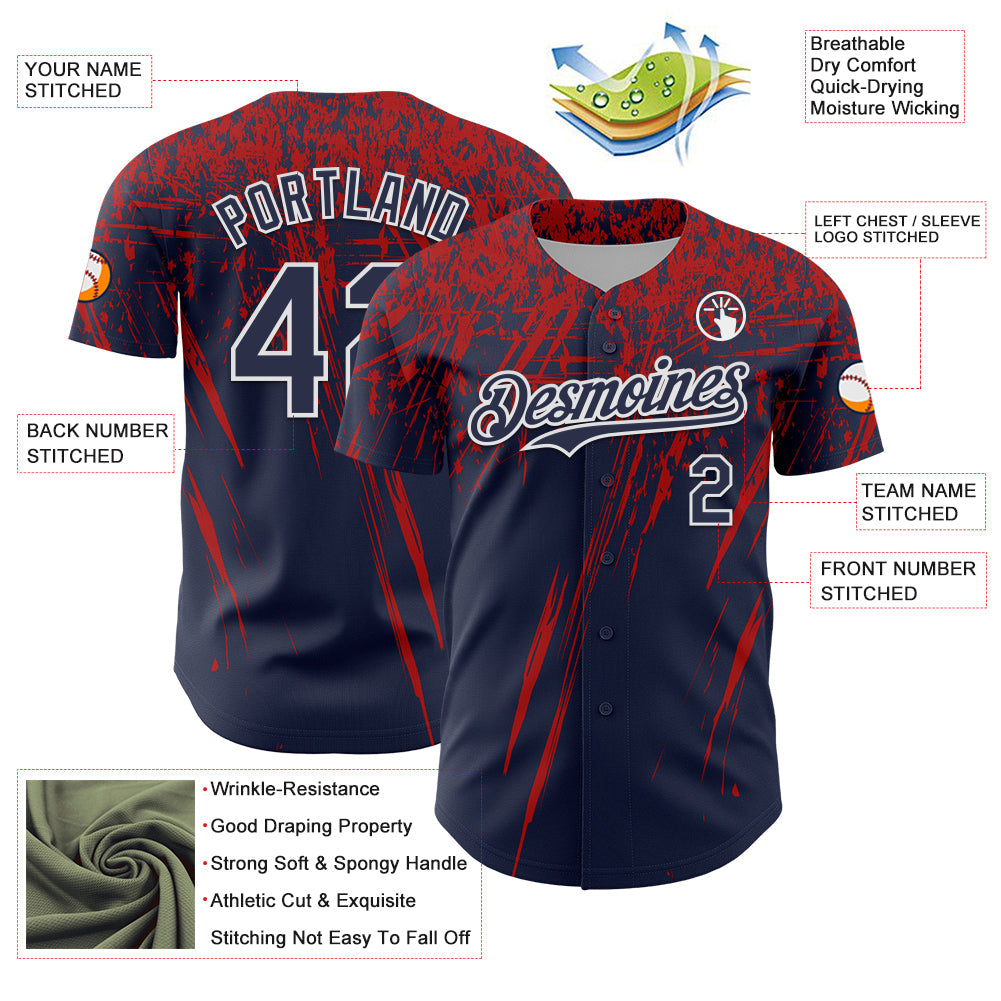 Custom Navy Red-White Distressed Scratch Brush Stroke Authentic Baseball Jersey view 3