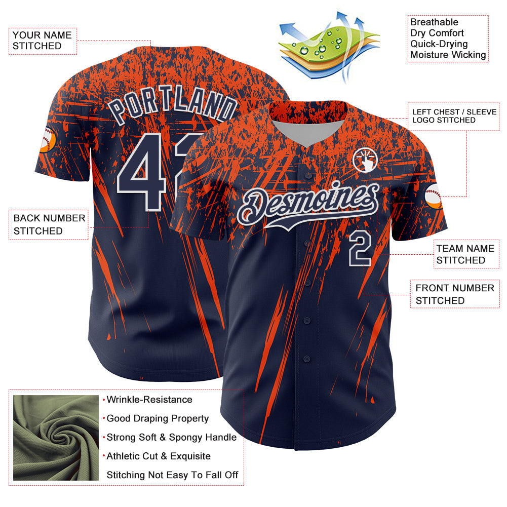 Custom Navy Orange-White Distressed Scratch Brush Stroke Authentic Baseball Jersey view 3