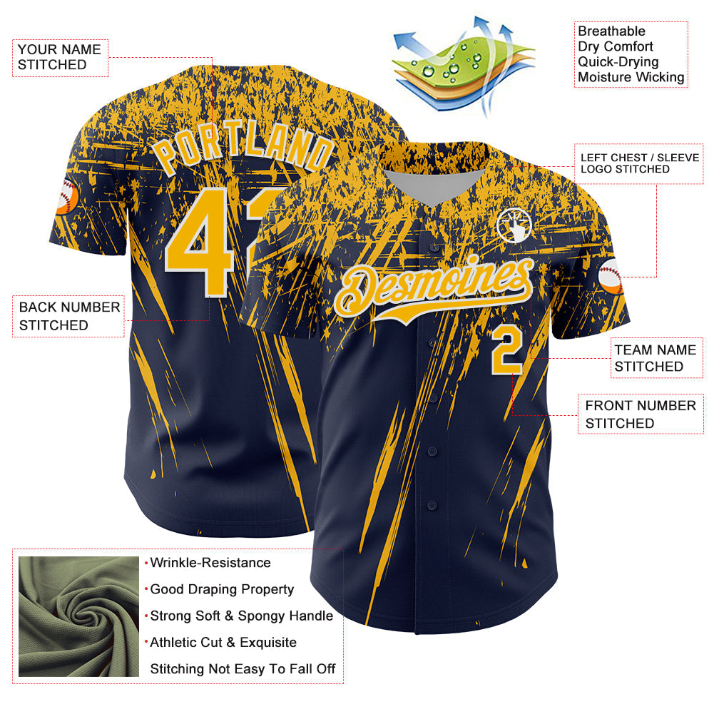 Custom Navy Gold-White Distressed Scratch Brush Stroke Authentic Baseball Jersey view 3