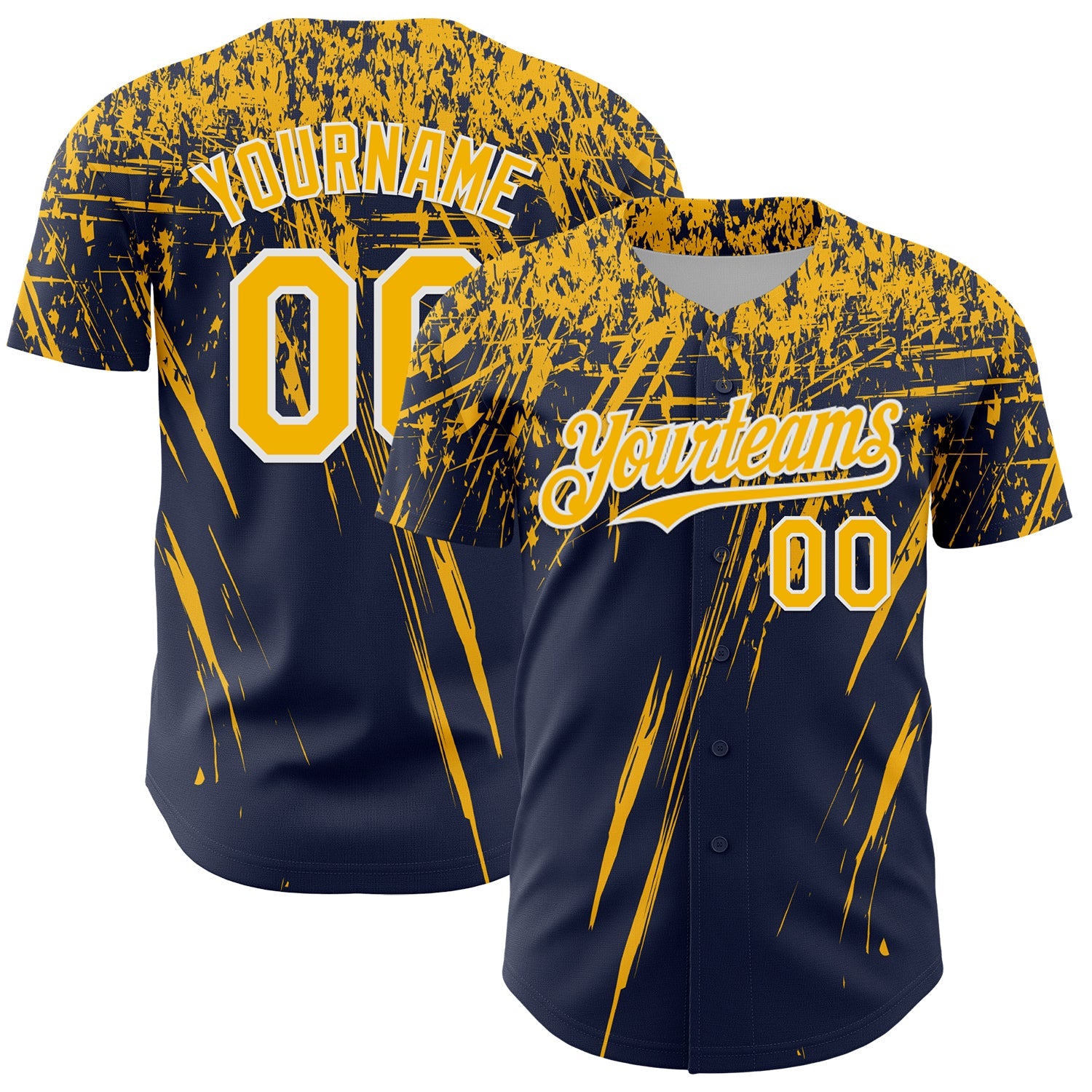 Custom Navy Gold-White Distressed Scratch Brush Stroke Authentic Baseball Jersey - Main View
