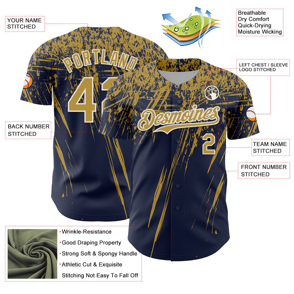 Custom Navy Old Gold-White Distressed Scratch Brush Stroke Authentic Baseball Jersey view 3