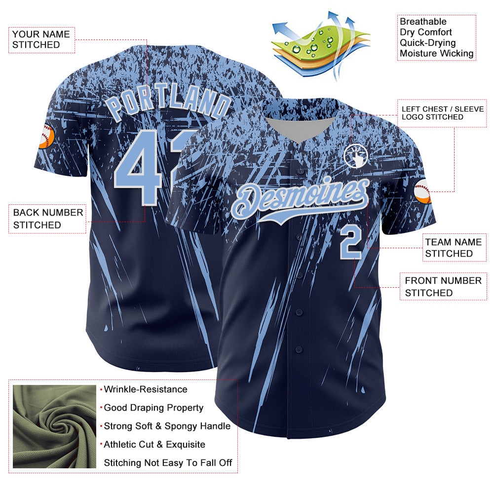 Custom Navy Light Blue-White Distressed Scratch Brush Stroke Authentic Baseball Jersey view 3