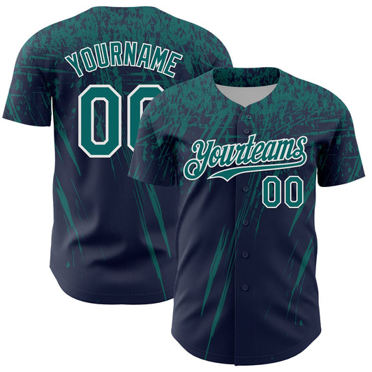 Custom Navy Teal-White Distressed Scratch Brush Stroke Authentic Baseball Jersey - Main View