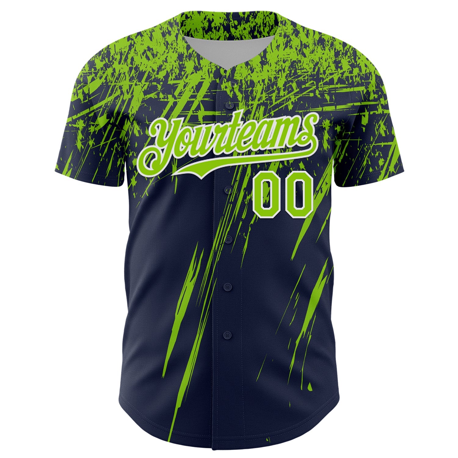 Custom Navy Neon Green-White Distressed Scratch Brush Stroke Authentic Baseball Jersey view 2