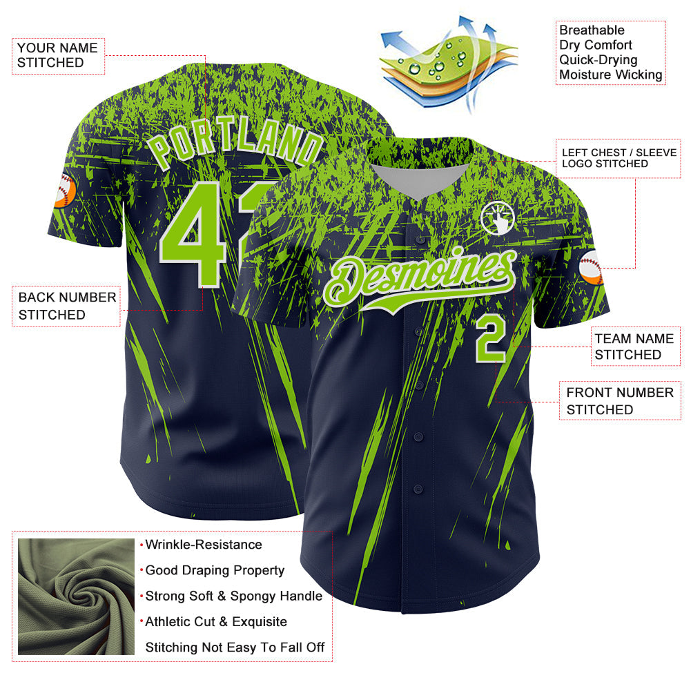 Custom Navy Neon Green-White Distressed Scratch Brush Stroke Authentic Baseball Jersey view 3
