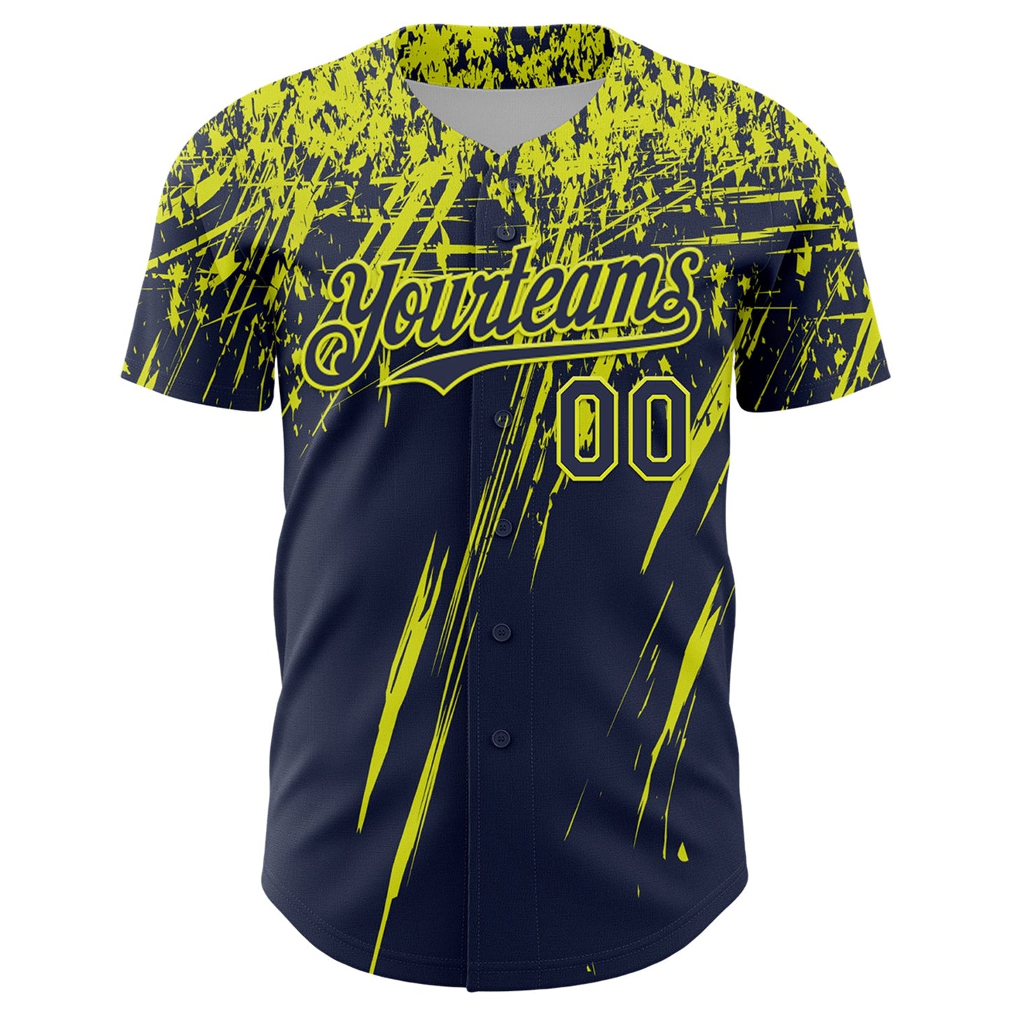 Custom Navy Neon Yellow Distressed Scratch Brush Stroke Authentic Baseball Jersey view 2