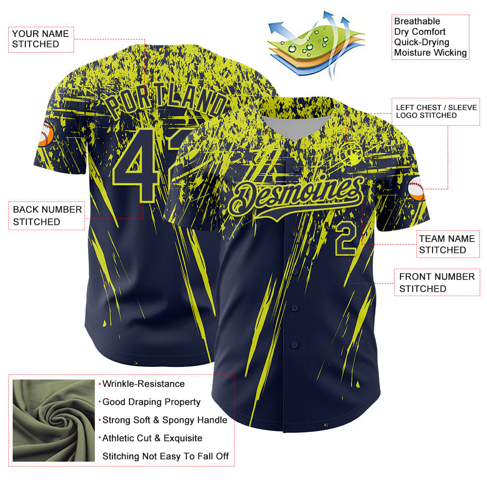 Custom Navy Neon Yellow Distressed Scratch Brush Stroke Authentic Baseball Jersey view 3