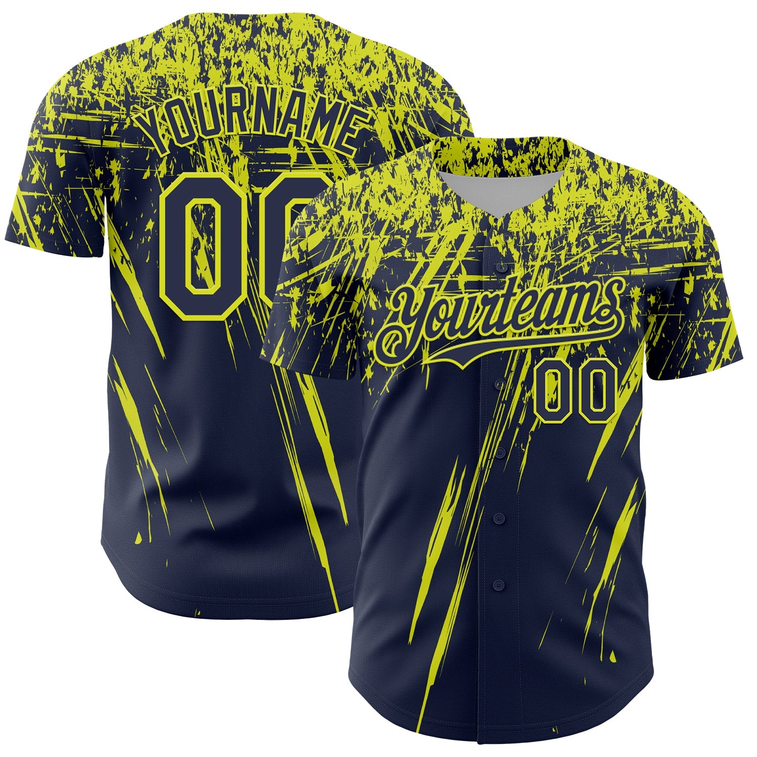 Custom Navy Neon Yellow Distressed Scratch Brush Stroke Authentic Baseball Jersey - Main View