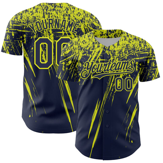 Custom Navy Neon Yellow Distressed Scratch Brush Stroke Authentic Baseball Jersey - Main View