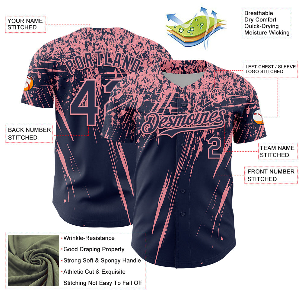 Custom Navy Medium Pink Distressed Scratch Brush Stroke Authentic Baseball Jersey view 3