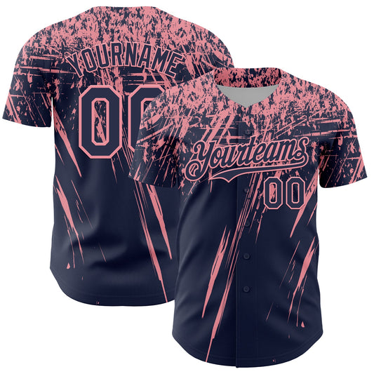 Custom Navy Medium Pink Distressed Scratch Brush Stroke Authentic Baseball Jersey - Main View