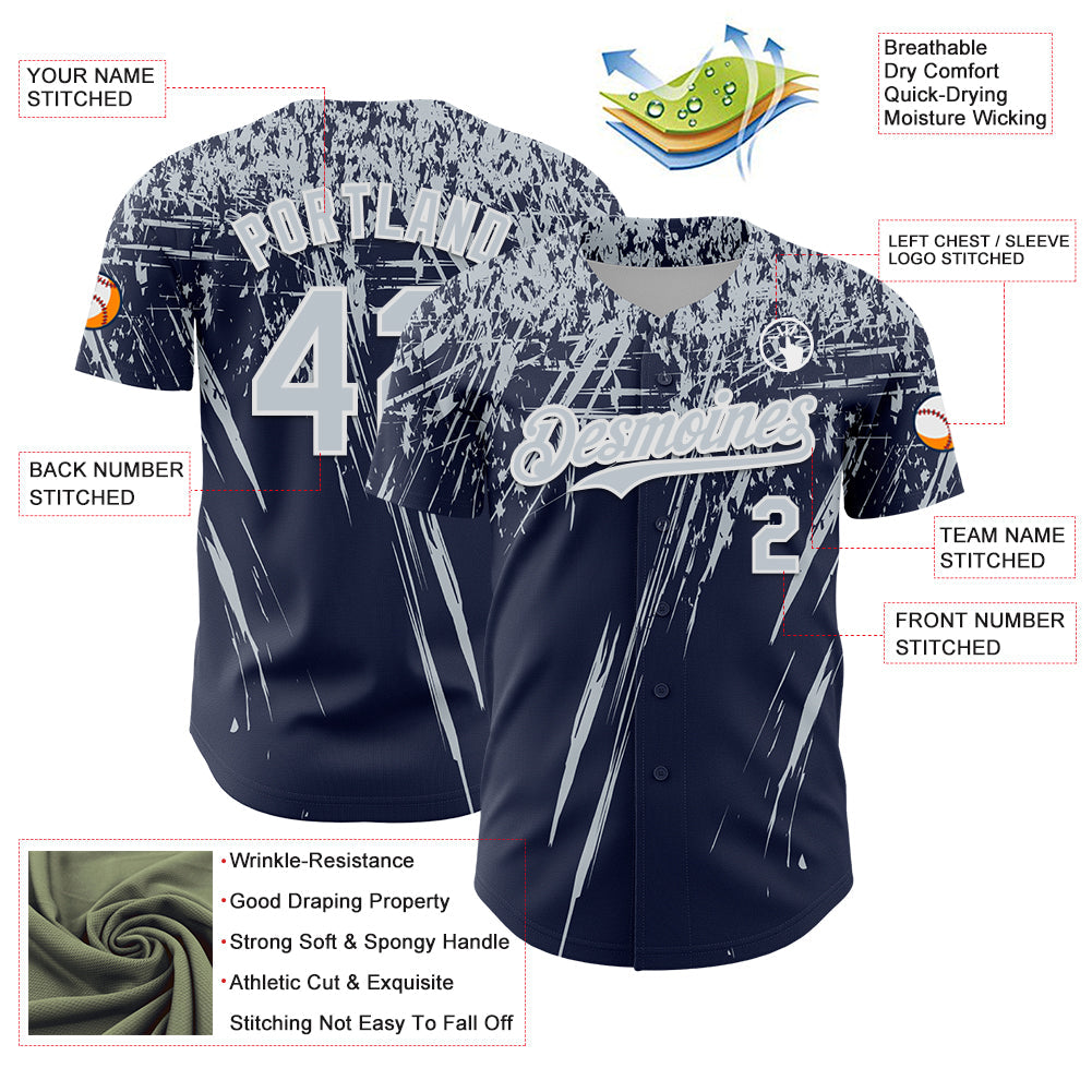 Custom Navy Silver-White Distressed Scratch Brush Stroke Authentic Baseball Jersey view 3