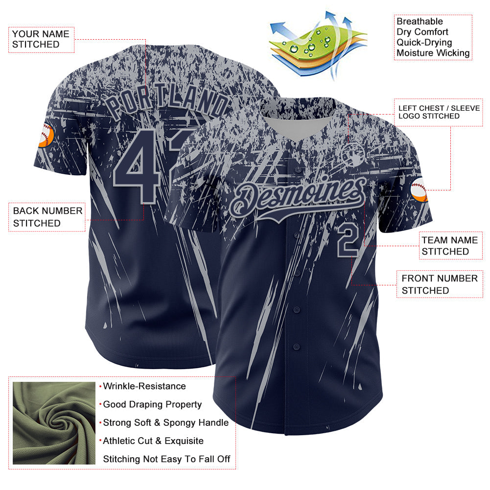 Custom Navy Gray Distressed Scratch Brush Stroke Authentic Baseball Jersey view 3