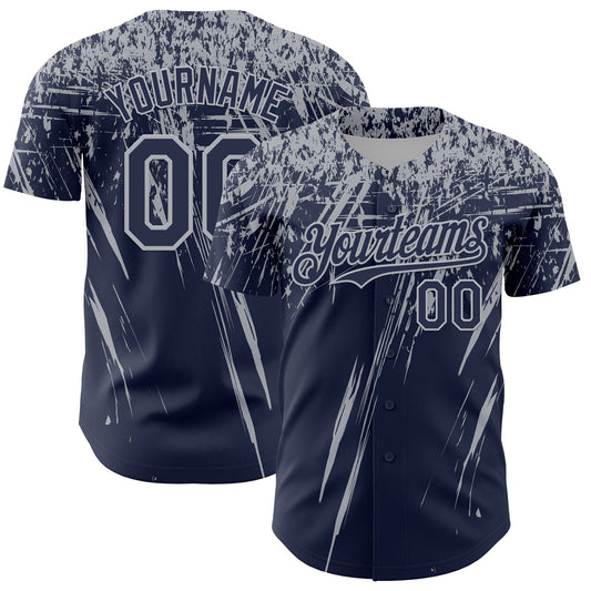 Custom Navy Gray Distressed Scratch Brush Stroke Authentic Baseball Jersey - Main View