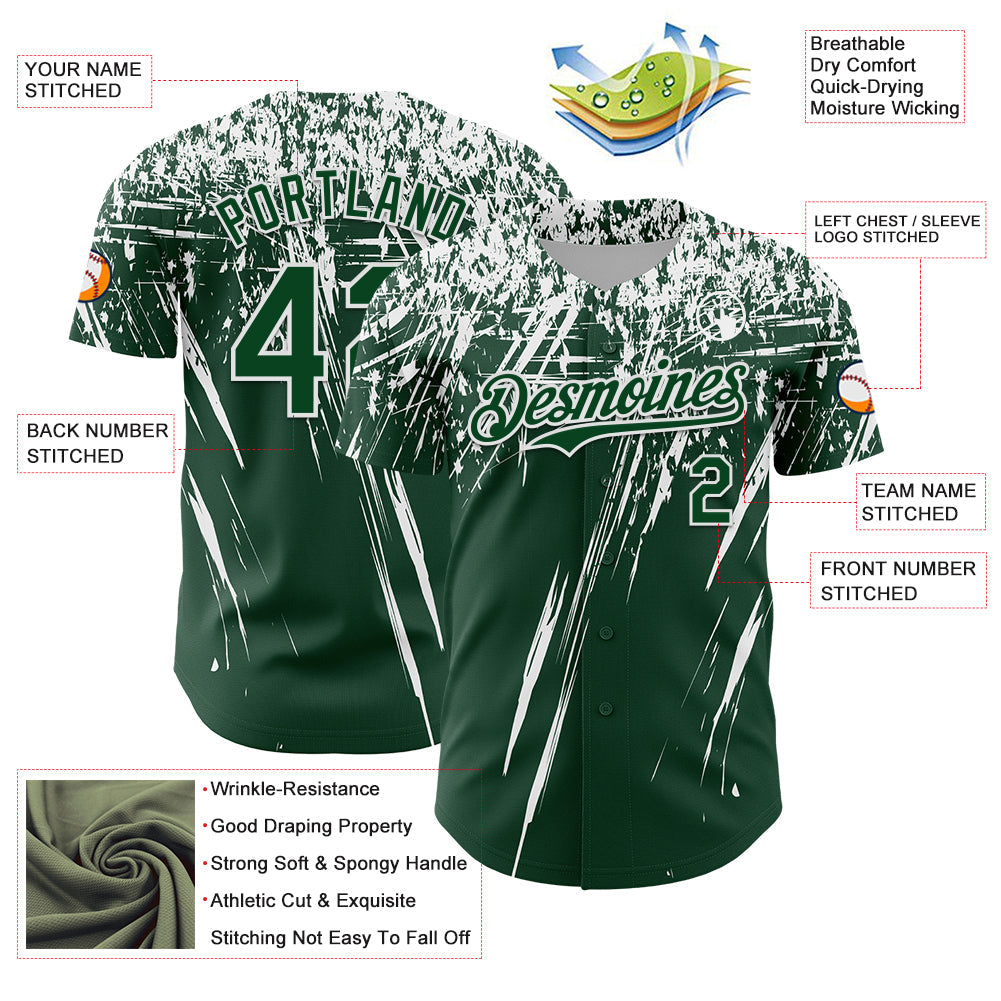 Custom Green White Distressed Scratch Brush Stroke Authentic Baseball Jersey view 3