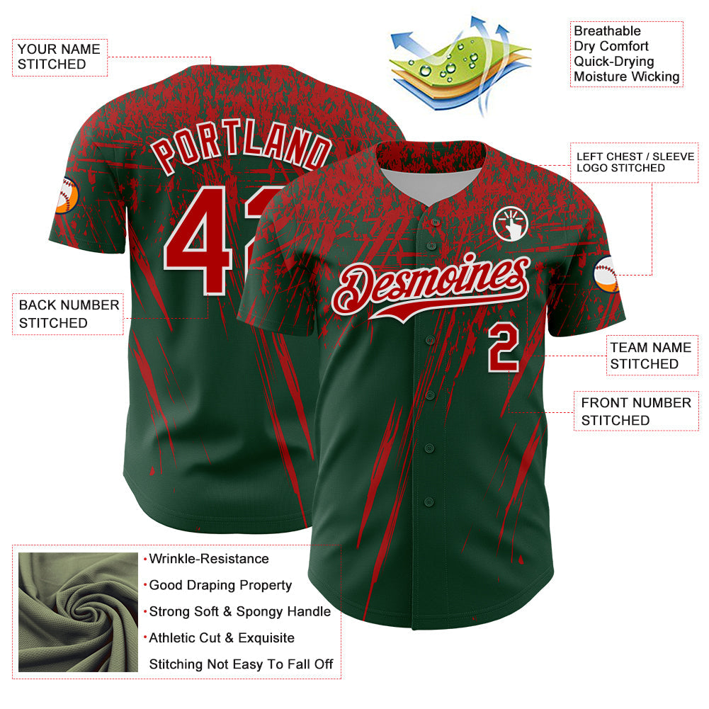 Custom Green Red-White Distressed Scratch Brush Stroke Authentic Baseball Jersey view 3