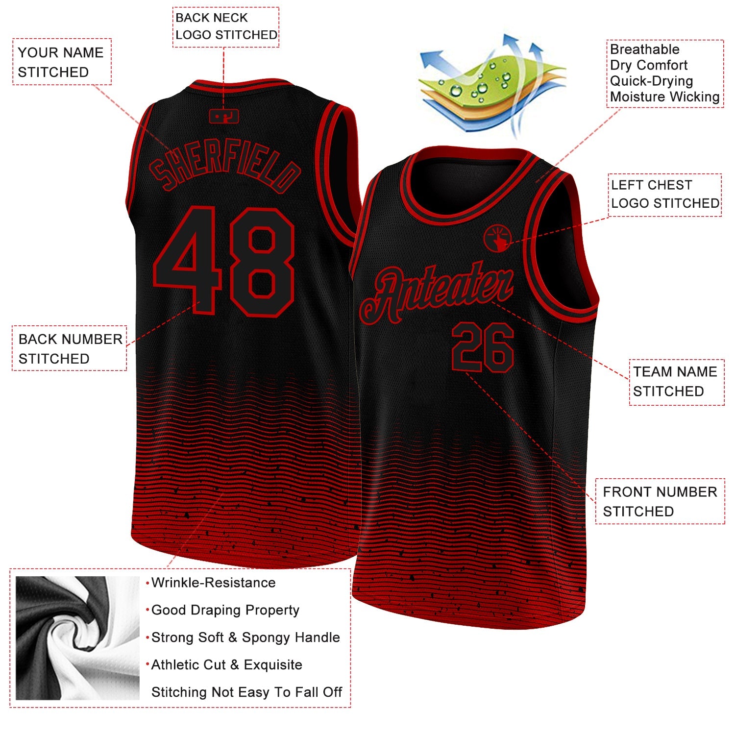 Custom Black Red Fade Fashion Authentic City Edition Basketball Jersey view 2