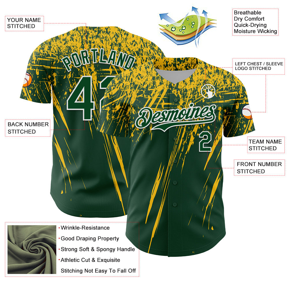 Custom Green Yellow-White Distressed Scratch Brush Stroke Authentic Baseball Jersey view 3