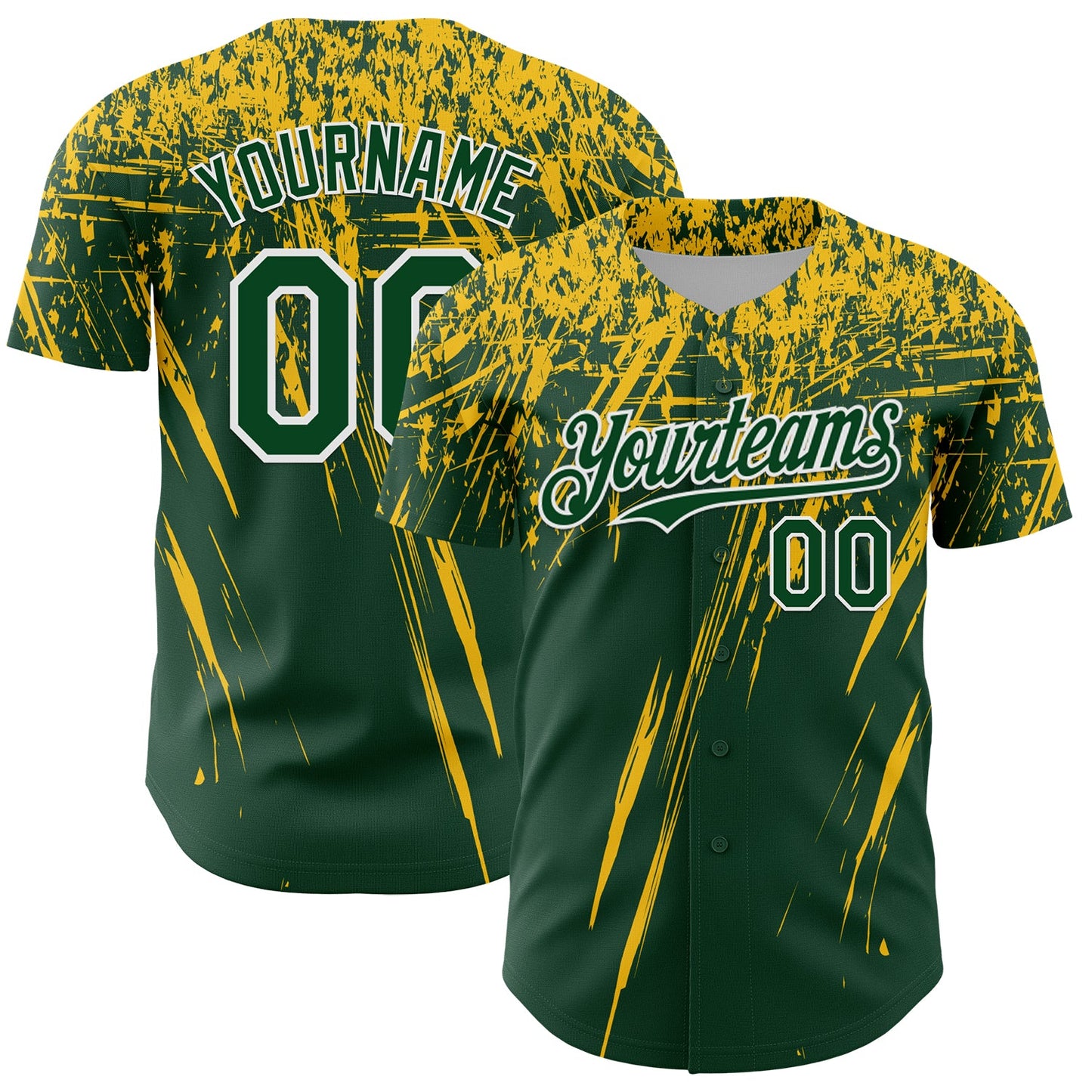 Custom Green Yellow-White Distressed Scratch Brush Stroke Authentic Baseball Jersey - Main View