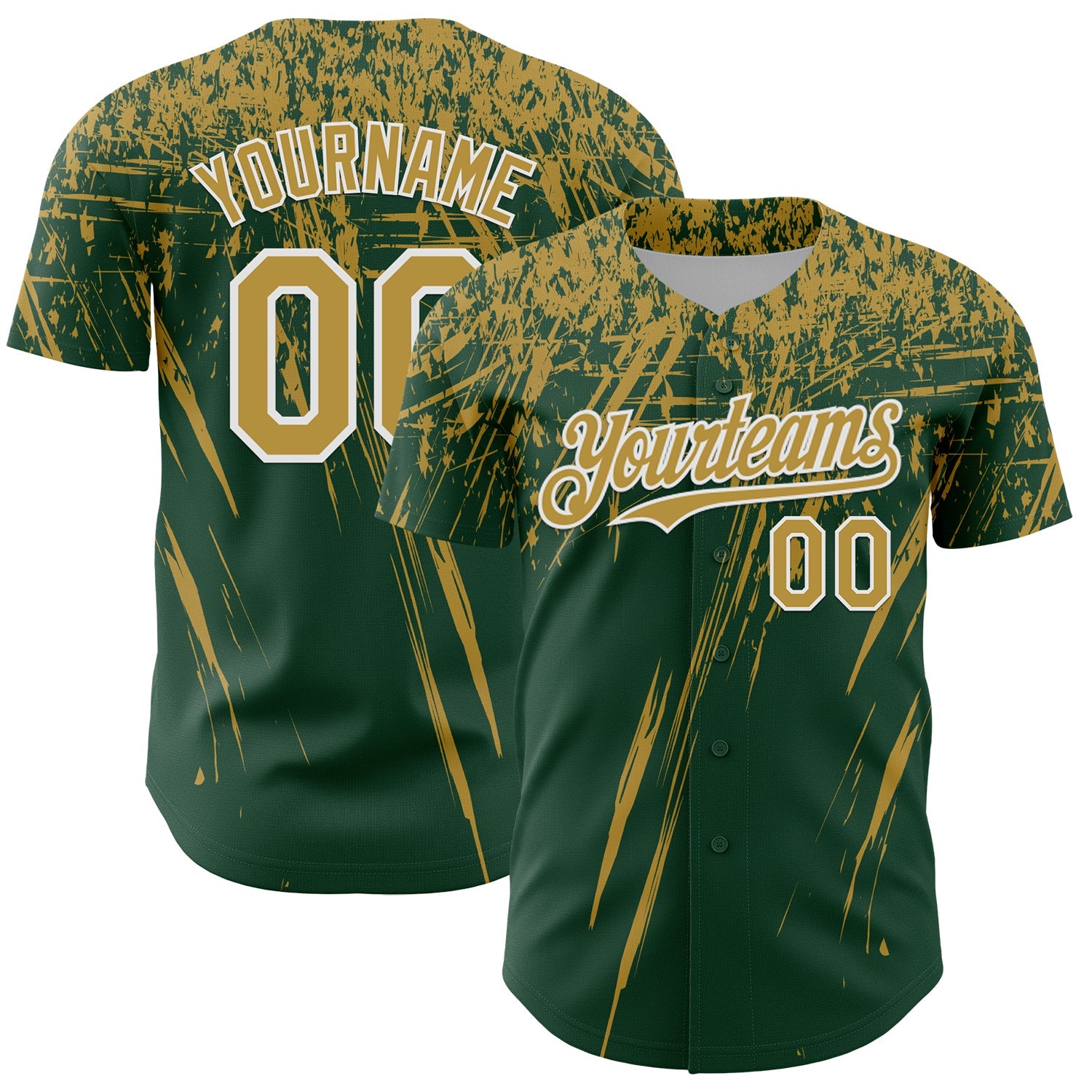 Custom Green Old Gold-White Distressed Scratch Brush Stroke Authentic Baseball Jersey - Main View